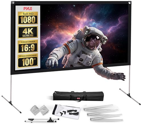 Pyle Telo Proiettore con Supporto, 254 cm 16:9 HD 4K Portatile e Leggero, Autoportante e Pieghevole da Interno/Esterno per Proiettore Home Theater