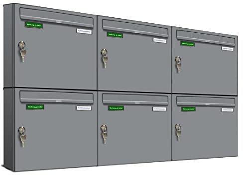 AL Briefkastensysteme Basic 6er Briefkasten RAL 9006 Weiß Aluminium Silber Edelstahl-farbig 6 Fach DIN A4 wetterfest Briefkastenanlage mit Posthaltebügel und 2 Namensschildern