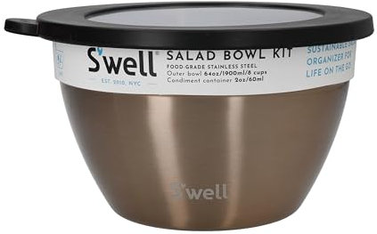 S'well Salad Bowl Kit, Pyrite, 1.9L - Salad Lunch Box with Condiment Container and Removable Tray