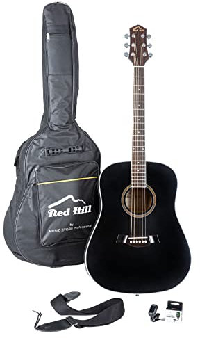 Red Hill WGS-1 BK Starter Kit, Westerngitarre Dreadnought Cutaway, Fichte Decke, Linde Boden und Zargen, Palisander Griffbrett, inklusive Gigbag und Stimmgerät