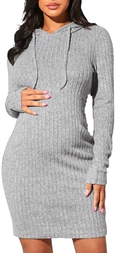 SISAY Robe de Maternité Col Rond Manche Lounge avec Capuche Vintage Mini Robe Pull Moulante en Tricot Casual Robe Sweat Femme Hiver Chic et Elegant Tunique Enceinte Vetement Grossesse et Allaitement