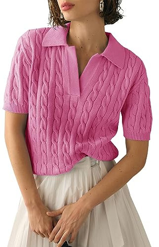 Imily Bela Damen Kurzarm Strickpullover Sommer T Shirt Pullover Cable Knit Elegant Tops V-Ausschnitt Pulli Sweatshirt