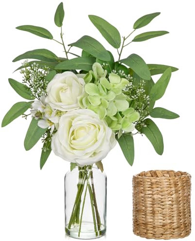 Hollyone Artificial Flowers in Glass Vase with Rattan Sleeve, 40CM Fake Hydrangeas Roses White Floral Arrangements for Decorations, Faux Flowers for Graves, Home Decor, Living Room, Bathroom