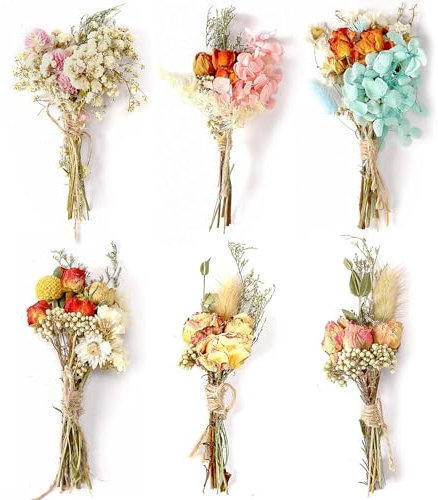 MARFOREVER Trockenblumenstrauß Klein, 6 Bündel Mini Getrocknete Blumenstrauss Klein Trockenblumen zum Basteln Mini Getrocknete Blumenstrauß für Bilderrahmen Scrapbooking DIY Hochzeitsdekoration