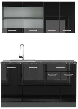 Vicco Singleküche R-Line, Schwarz Hochglanz, 140 cm, AP Anthrazit, zur flexiblen Erweiterung mit weiteren Modulen geeignet