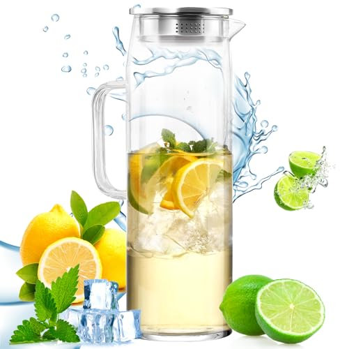 Snarflun Carafe en Verre de 1.5 Litre Pichet en Verre, Carafe Eau pour Boissons Chaudes et Froides avec acier inoxydable couvercle pour l'eau,lait,jus,thé glacé,le vin,limonade et mousseux Boissons