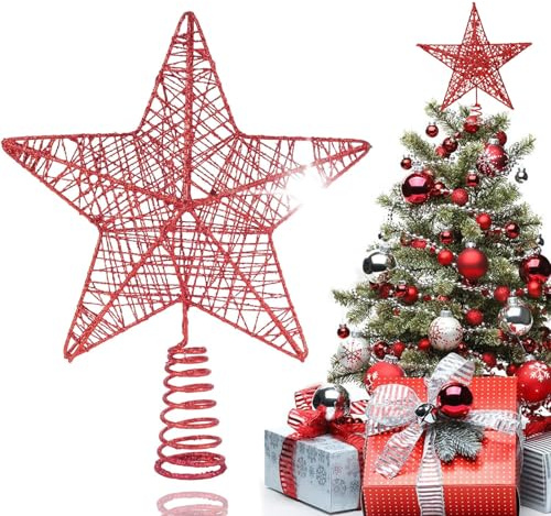 Puntale Per Albero Natale Con Stella Vintage Pizzo Per Alberi a Stella Rossa Puntale Per Albero Stelle Glitterate Scavatosvuotare Per La Decorazione Dell'Albero Di Natale, l'Arredamento Della Casa