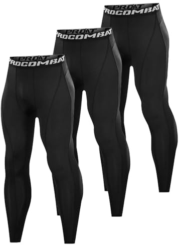Towintec Men’s Compression Pants, Leggings Running Tights Workout Base Layer for Basketball Sports Athletic Gym Soccer, Black+black+black, Medium