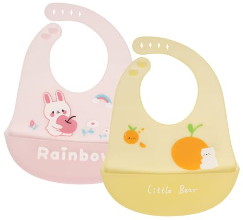 Vicloon Baberos de Alimentación para Bebés, 2Pcs Baberos de Silicona con Recolector Alimentos, Impermeables/Suave Ajustable/Fácil de Limpiar, Baberos para Bebes Unisex, León y Conejo