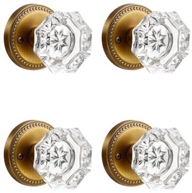 SORWDUERM Door Knob Antique Brass Passage Crystal Glass Interior 4 Pack | Zinc Alloy Hall Closet