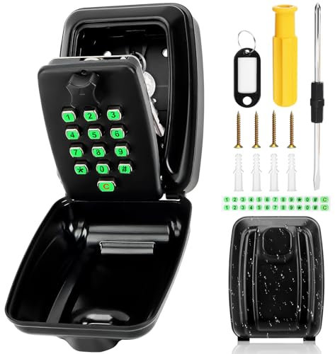 Qudubuy Key Safe Wall Mounted Police Approved, Waterproof Key Safe Outside Lock Box with Rustproof Lid and 12-Digit Combination & Illuminated Sticker Buttons for Home, Garage, Office, School Storage