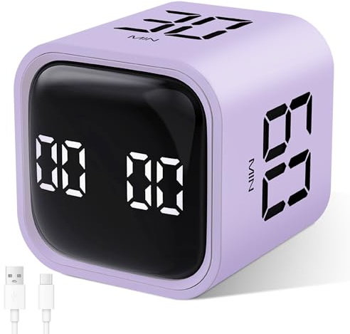 Cuteefun Rotating Cube Timer, Pomodoro Timer Desk, 5/10/30/60Min, Purple | Custom Countdown, Count-Up Mode, Vibration & Sound Alerts, Gravity Sensor, Productivity Timer for Kitchen, Study, Kids, ADHD