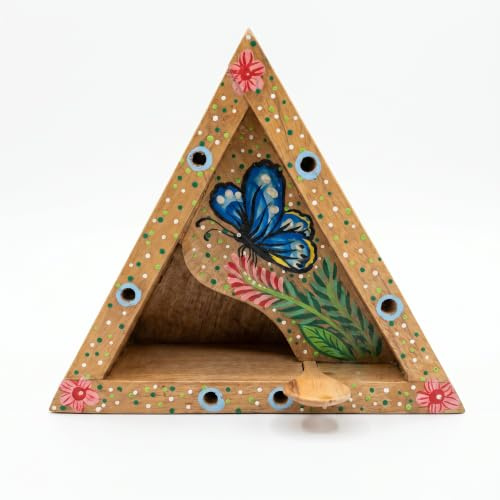 Decorative Wooden Butterfly and Insect House with Feeding Spoon, Handcrafted Artisan Garden Habitat, Balinese Dot Painted Design