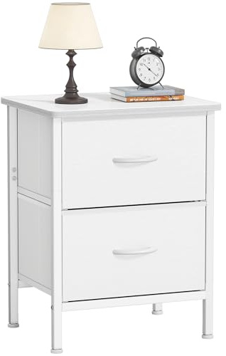 HOMIDEC Mesita de Noche Alta de 55 cm, Mesa Auxiliar con Estructura de Metal y 2 Cajones de Tela de Gran Capacidad para Dormitorio, Sala de Estar, Color Blanco