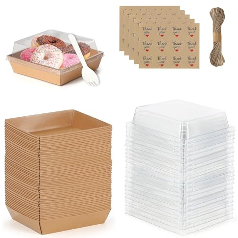Eidoct 50Pcs Small Kraft Charcuterie Boxes with Clear Lids | 12CM Oil-Proof Paper Charcuterie Boxes Paper Mini Appetizer Plates for Sandwich, Cookie, Sushi, Cake Slice, and Strawberries