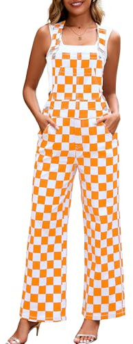 YXLUOKY Overalls for Women Loose Fit Jumpsuits Fashion Checkered Straight Leg Pants Stretch Bib Coveralls(Orange Checkered,M)