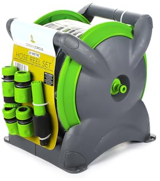 Garden Hose Reel Set with Stand & Wall Mount Bracket Hose Pipe Reel with Pattern Spray Gun Fittings & Tap Adapters Portable Watering Hose for Garden (20M)