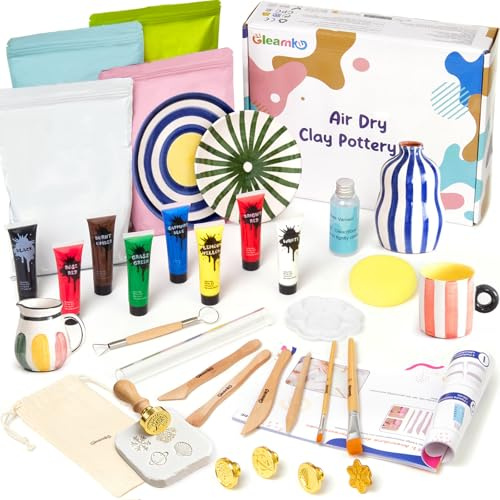 Gleamkid Kit di Argilla per Principianti, kit di ceramica per adulti principianti, 24 pezzi, colori acrilici, timbri e strumenti - perfetto per progetti creativi e fai da te