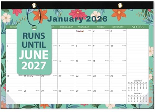 2026 Desk Calendar, Monthly Desk Pad Calendar, Jan 2026 - Jun 2027, Large Size 17x12 Table Planner with Protect Paper, Stickers, Office Supplies and Desk Accessories for Women (Flower-E)