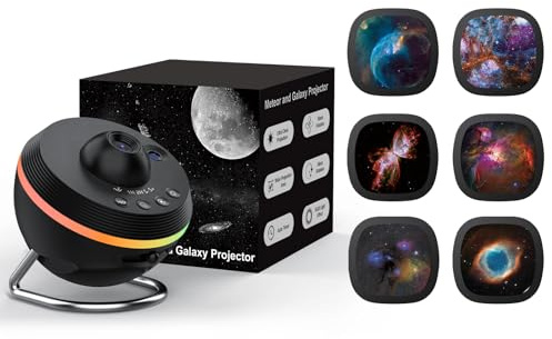 Ainael Proyector Galaxia, Proyector Estrellas Planetario Doméstico Techo Espacial Luz Nocturna con Tira, Meteor and Galaxy Projector & 7PCS Discs para Niños Aultos Regalo