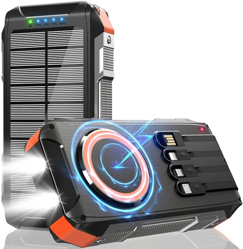 Power Bank Solare 26800mAh, Solare Powerbank Ricarica Rapida 30W, Caricatore Portatile Wireless con 4 Cavi Integrati, 3 Porte, 7 Uscite, LED Torcia, Batteria Portatile per Campeggio e Outdoor