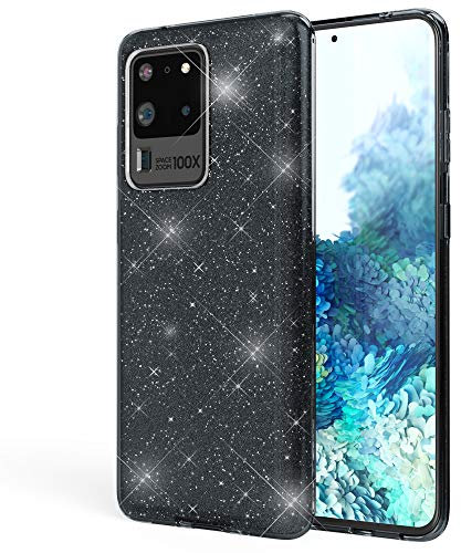NALIA Glitter Case kompatibel mit Samsung Galaxy S20 Ultra Hülle, Diamant Schutzhülle Bling Cover Silikon Handyhülle Phone Etui, Strass Handy-Tasche Backcover Bumper Skin Glänzend, Farbe:Schwarz