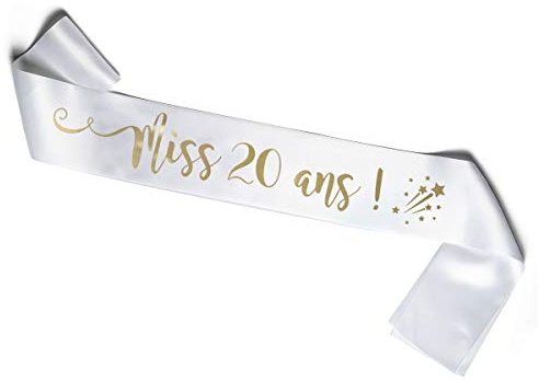 OLILLY - Écharpe Anniversaire Femme – Miss 20 Ans – Écharpe Blanche Satinée avec Inscription Dorée – Accessoire Festif pour Anniversaire – Idée Cadeau Originale (20 ans)