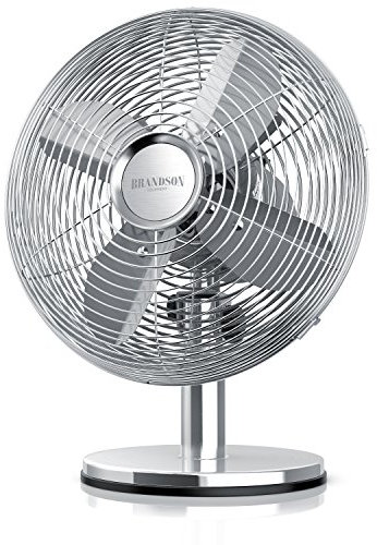 Brandson - Ventilateur de table silencieux 30W, Design rétro chromé industriel, Desk fan, 3 vitesses, mobile portable, Oscillation 80°, Inclinable à 40°, Boîtier métallique, Modèle Silverline clair
