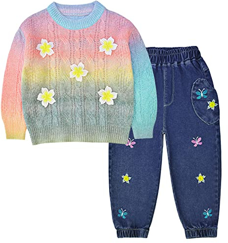 Peacolate Conjuntos de Chica, ropa para Niñas 2 piezas Suéter térmico de manga larga y jeans y pantalones bordados otoño invierno, Rosa-2, 5 años