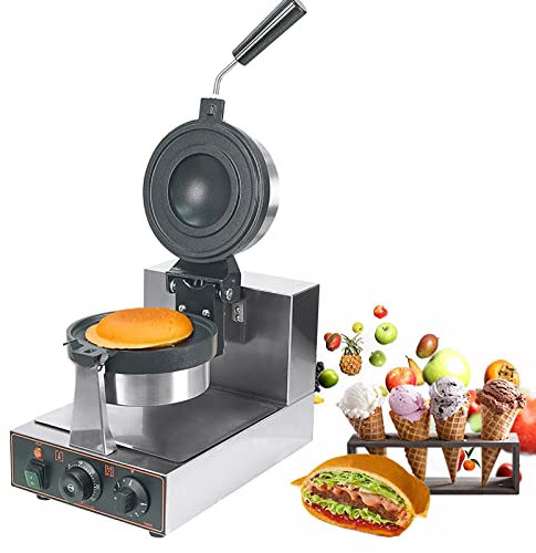 Máquina para Hacer Gofres con Tapa, Máquina para Hacer Gofres De Helado De Acero Inoxidable, Gofrera Giratoria De 180 °, Temperatura De 0-250 ℃ Y Tiempo Ajustable De 0-5 Minutos, para Gofres, Paninis