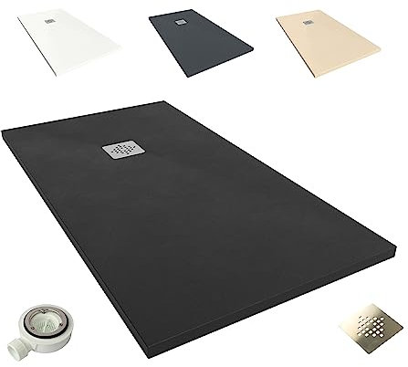 NEBADOON | Plato de Ducha de Modelo Roma II – Plato Ducha Resina con Textura Pizarra - Antideslizante y Antibacteriano – Negro (RAL 9005) 70x70 cm – Incluye Válvula Desagüe y Rejilla