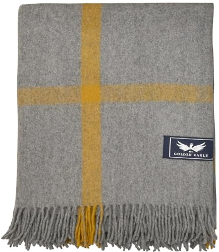 The Golden Eagle Scottish Tweed Wool Large Blanket Tartan Rug with Check Pattern for Warm Winter (Grey Mustard Check)