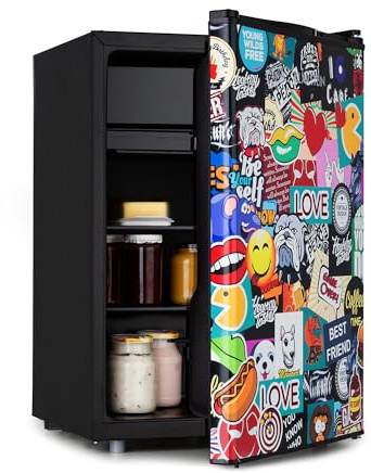 KLARSTEIN Cool Vibe - Frigorifero, Classe Energetica E, VividArt Concept: Sportello Con Stampa Piena di Coloratissimi Adesivi, Vano Freezer, Forma per Cubetti, Rumorosità: 42 dB, Volume: 70 L, Nero