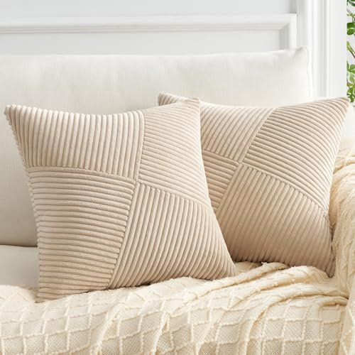 Topfinel Kissenbezug 45x45 Khaki Kordsamt 2er Set Windmühle Streifen Muster Kissenbezüge Kissenhülle Dekokissen Sofakissen Patchwork Design Deko Wohnzimmer Bett Schlafzimmer Sofa