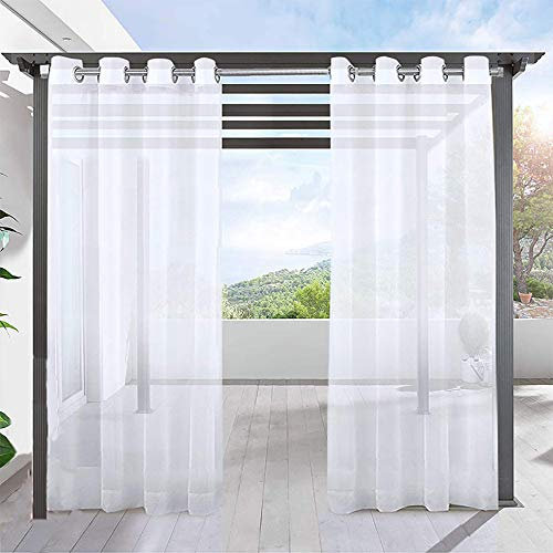 FaceYee Rideaux semi-voile pour porte de porche, pergola, cabane, tonnelle, tonnelle, quai, rideaux à rayures sur le dessus, imperméables, intimité, un panneau (blanc, 254 x 304 cm)