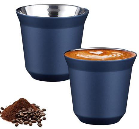 Pasdrucn 2er-Set Edelstahl Espressotassen Dickwandig, 80ml Espressotassen Aus Edelstahl, Espresso Tassen, Kaffeetasse Espressotassen Aus Edelstahl, Edelstahl-Espressotassen-Set (Dunkelblau)