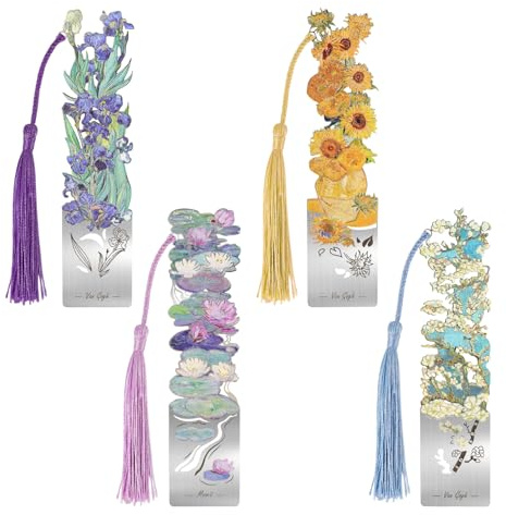 JSRQT 4 Pezzi Segnalibro Metallici a Fiori con Nappa, Segnalibri di Pagina Tema Pittura a Olio, Accessori per Lettura, Regalo di Laurea per Studenti, Insegnanti e Amanti dei Libri
