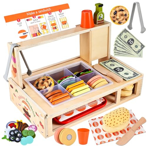 Wooderma Wooden Toys for 3 4 5 6 7 Year Old Girls Boys, Sandwich Burger Counter 50 Pcs, Wooden Play Food Sets for Children Kitchen Accessories, Kids Toys, Gift for 3 4 5 6 7 Year Old Girl Boy
