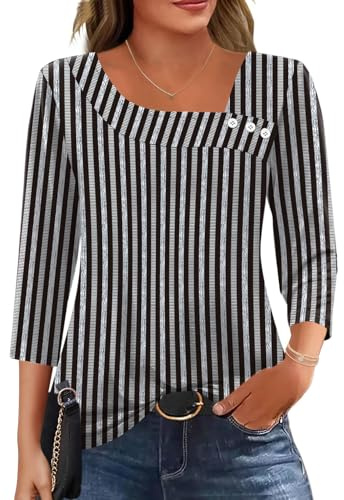 Kistore Hauts à manches 3/4 pour femmes, chemisiers à col asymétrique, tunique pour femmes, vêtements de mode pour femmes, tailles S à 2XL