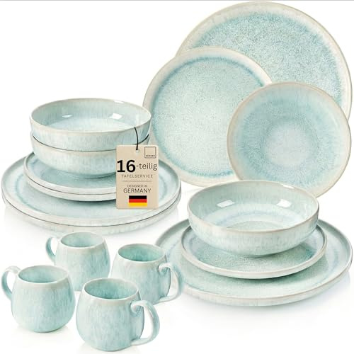 SÄNGER | Geschirrset Paros 16 tlg, Tafelservice 4 Personen, Steingut Geschirr Handmade, Set inkl. Essteller Dessertteller Tiefe Teller Kaffeebecher, Essgeschirr Türkis Farben mit Sandiger Maserung