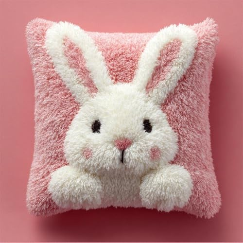 RKFLGEW Latch Hook Kits for Adults Beginners, Little White Rabbit 17X17 in Pre-Printed Latch Hook Pillow Kit, Craft Rug Making Kits, DIY Embroidery Cushion for Home Sofa Decor & Gift Idea