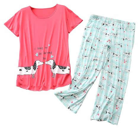 Set di 2 pigiami da donna a 3/4, pantaloni in cotone, a maniche corte, pigiameria stampata, biancheria da notte, in due pezzi, con pantaloni da pigiama da donna, girocollo, elastico in vita, Rosso