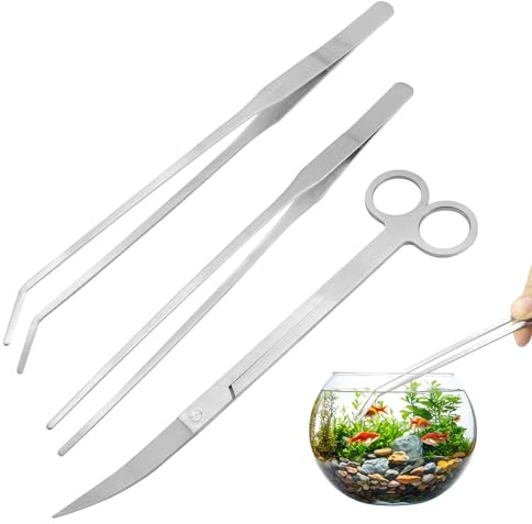 Kit Herramientas Acuario, 3 Piezas Acero Inoxidable Pinzas Rectas y Curvas Tijeras para Plantas Acuáticas Aquascaping y Terrarios Set Limpieza Pecera Profesional Duradero y Antióxido