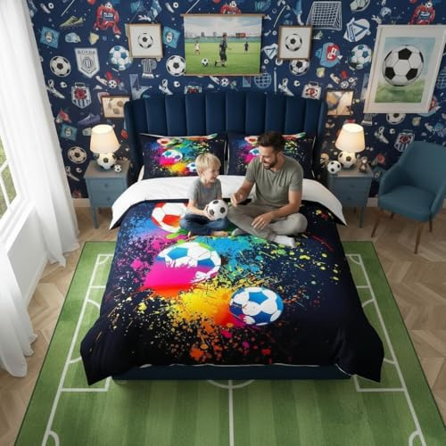 Loussiesd Sport Bedding Set for Girls Boys Children Kids Football Bedding & Linen Sports Games Duvet Cover Set Bright Vibrant Soccer Ball Bedspread Cover Super King Bedding Collection