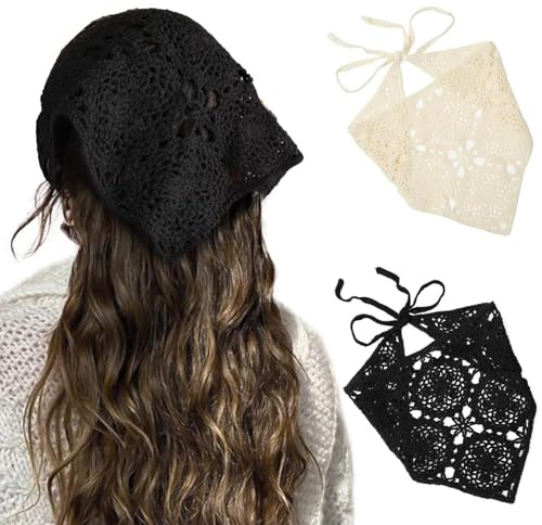 HAIMEIKANG Floral Crochet Hair Bandanas Headscarf 2 PCS Women Hair Scarf Daisy Headband Vintage Head Kerchief for Girls(Black+Beige)