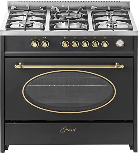 Fornello a gas GURARI GCH E 914 BL r, fornello elettrico a gas retrò 90 cm/fornello Nostalgia/121L/8 funzioni/aria calda/grill/5 bruciatori di alta qualità/4 kw WOK/gas naturale/gas propano