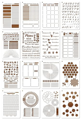 MWOOT 16 Pezzi Stencil Pittura Journal Arte Bullet su Legno Muro, Riutilizzabile Fai Da te Pittura Modelli, Diario Paint Stencil per Carta Regalo, Scrapbook, Sassi, Tela, Festa Decorazione (20x13CM)