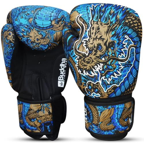 BUDDHA FIGHT WEAR - Gants de boxe Blue Dragon conçus pour les entraînements et le sparring en Muay Thai, Kickboxing, Fitness - Hommes et Femmes - 10 oz
