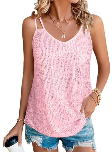 Suncife Gilet da Donna Senza Maniche con Paillettes Top Scollo a V Top Scintillante, Rosa, L