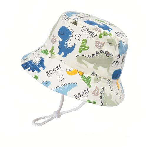 Ideal Swan solhatt barn med band justerbart nackskydd UV-skydd SPF 50+ solhatt baby bomull barnmössa unisex andas för stranden, dinosaurier, 3 år